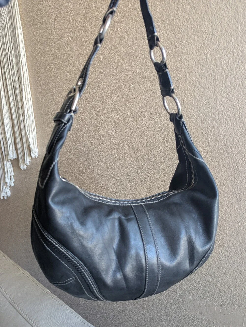 Coach Black Leather Hobo with Contrast Stitching